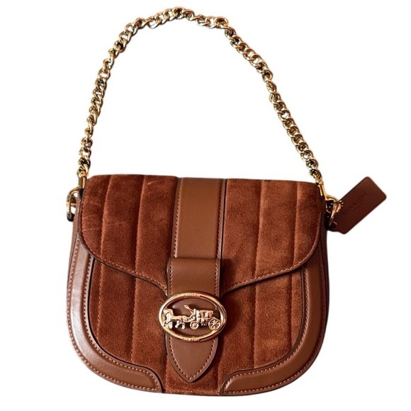 Coach Georgie Saddle Bag Quilting Suede Leather Redwood Shoulder Crossbody - Picture 3 of 7